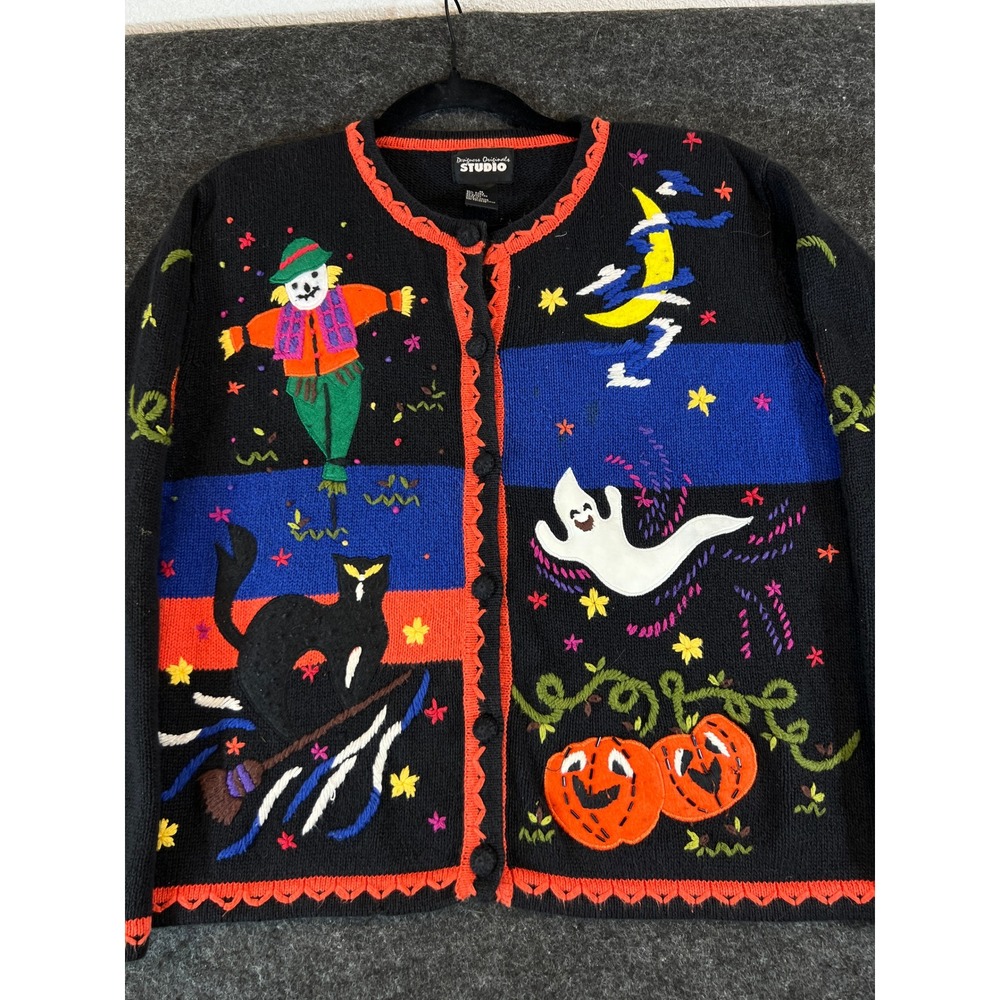 VTG Halloween Cardigan Ghost Cat Scarecrow Womens Medium Novelty Abstract Knit